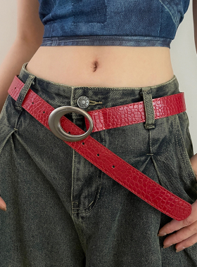 韩版时尚高级腰带女鳄鱼纹装饰红色质感皮带配裙子牛仔裤百搭配饰