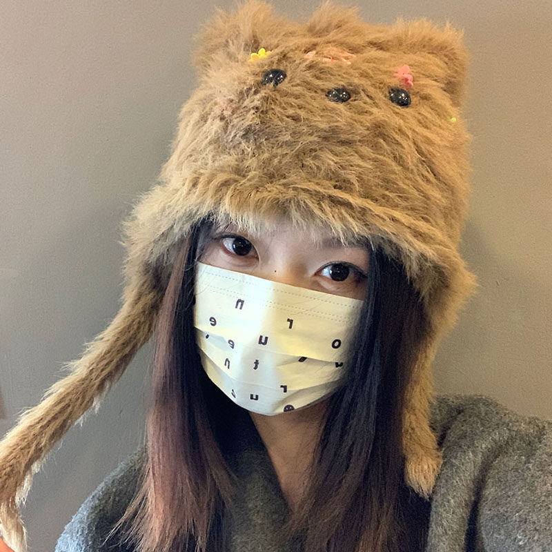 日系毛毛可爱小熊帽子秋冬百搭女款腮红保暖护耳防寒大头围毛线帽,服饰配件/皮带/帽子/围巾,帽子,淘宝优惠券,粉丝福利购,淘宝优惠卷