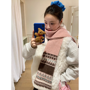 蓝色费尔岛提花显白针织围巾女秋冬季户外护颈保暖氛围感百搭围脖