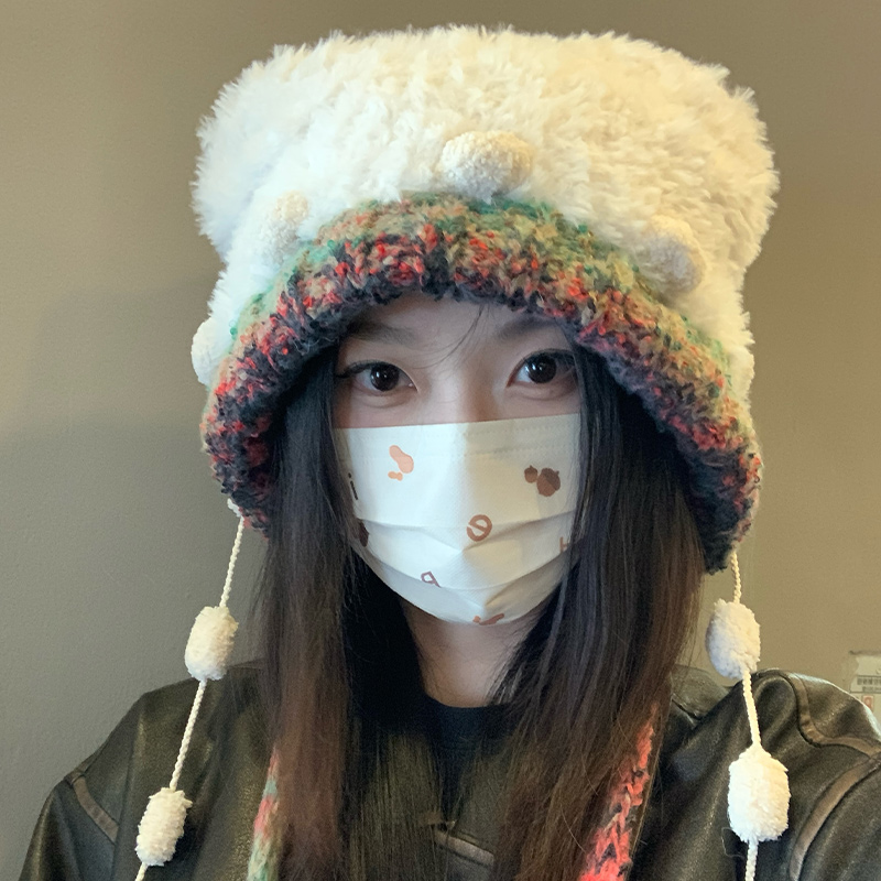 日系保暖小熊毛绒帽2025冬爆款可爱风加厚时尚显脸小套头针织帽子
