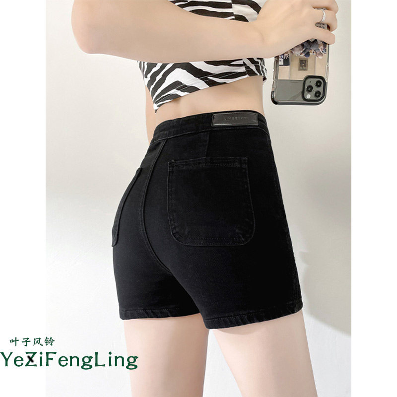 叶子风铃弹力紧身短裤高腰黑色