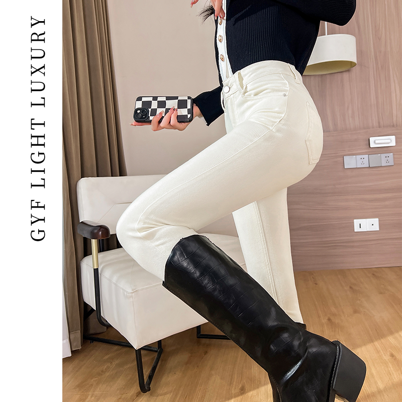 浅色高腰九分牛仔小脚裤女冬加绒