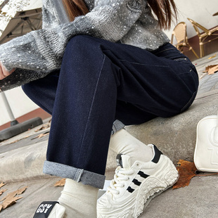 高腰老爹裤 小个子胖mm大码 女加绒加厚2024年新款 墨蓝色哈伦牛仔裤