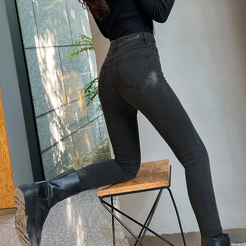 烟灰色紧身小脚牛仔裤女高腰