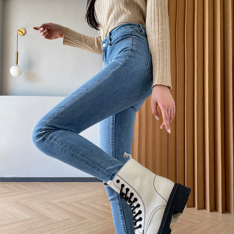 浅蓝色牛仔裤女高腰弹力