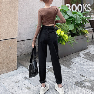 春秋宽松休闲品牌高端 2024新款 黑色老爹裤 女小个子高腰牛仔哈伦裤
