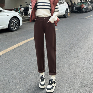 胖mm老爹裤 高腰显瘦宽松休闲萝卜裤 女秋冬加绒新款 咖色哈伦牛仔裤