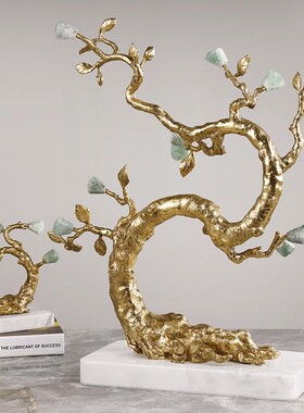 新中式黄铜绿萤石水晶发财树植物客厅别墅玄关家居软装饰轻奢摆件