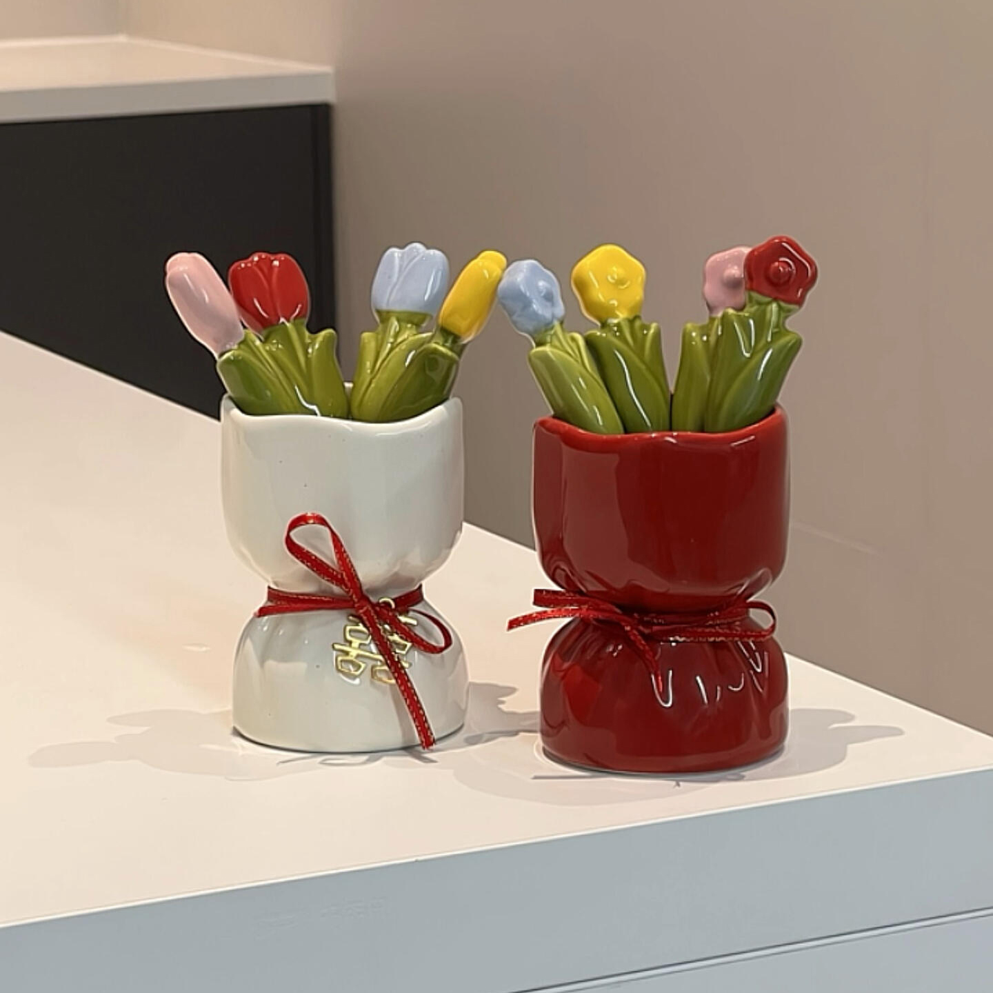 【新家的100个快递】花束水果叉轻奢高级感陶瓷收纳罐不锈钢果叉