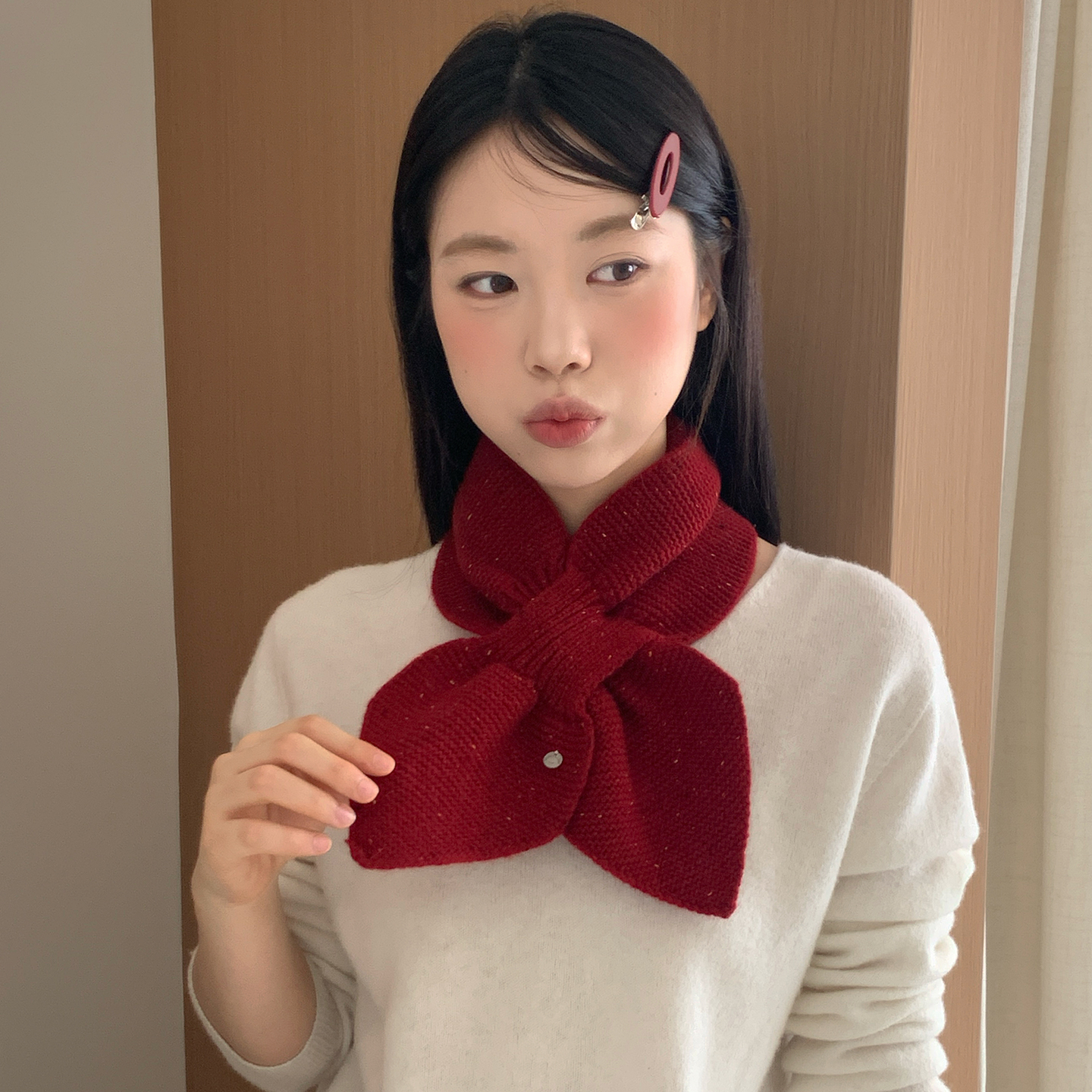 素单舍西秋冬韩系氛围感红色100%纯羊毛交叉小围巾女保暖针织围脖
