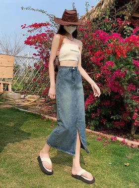 复古高腰牛仔裙半身裙女夏季薄款a字中长款包臀开叉裙子辣妹潮ins