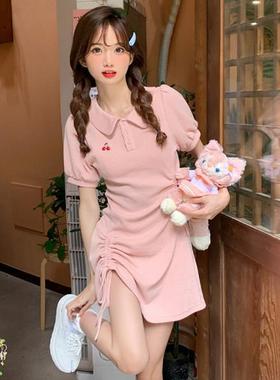 初恋女友樱桃polo裙女2025夏季新款连衣裙设计感学院风抽绳a字裙