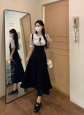 法式设计感小众娃娃领连衣裙女夏大码胖mm黑色赫本风假两件长裙女