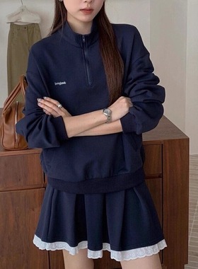 韩系学院风甜美蓝色卫衣穿搭一整套女秋季小个子韩系感两件套装裙