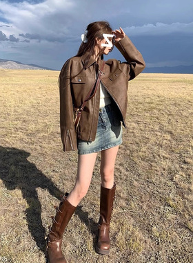 棕色皮衣外套女2025春秋新款美拉德美式复古pu皮小个子机车服夹克