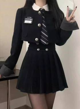 短款西装外套jk制服美式学院风套装女春秋款高腰显瘦百褶裙三件套