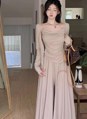 慵懒休闲套装女早秋爆款不规则吊带开衫高腰成熟显瘦气质三件套潮