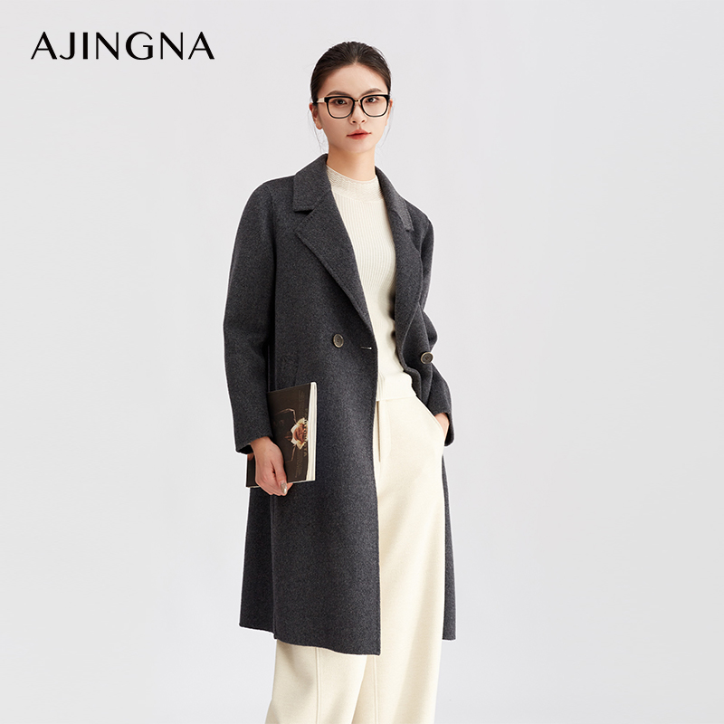 【商场同款】阿菁娜冬季新款长款双排扣羊毛呢子大衣A30D511086