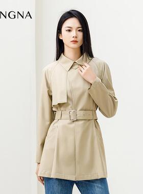 【商场同款】阿菁娜春季新款收腰翻领扣风衣外套A29C105001