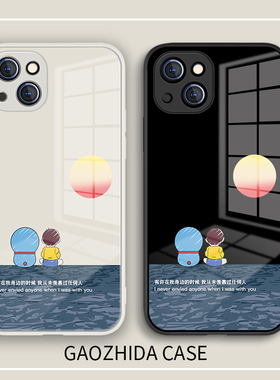 适用苹果13情侣手机壳15哆啦A梦iPhone14pro卡通可爱12promax日系11小众风x全包xr镜面玻璃xsmax新款78plus女