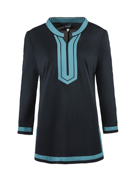 靓诺时尚简约民族风女士衬衣藏蓝蓝绿拼色秋冬新款衬衫LC14431A