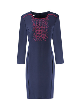 [气质通勤]LIANGNUO靓诺藏蓝色撞桃红色绣花醋酸连衣裙女LL18366A