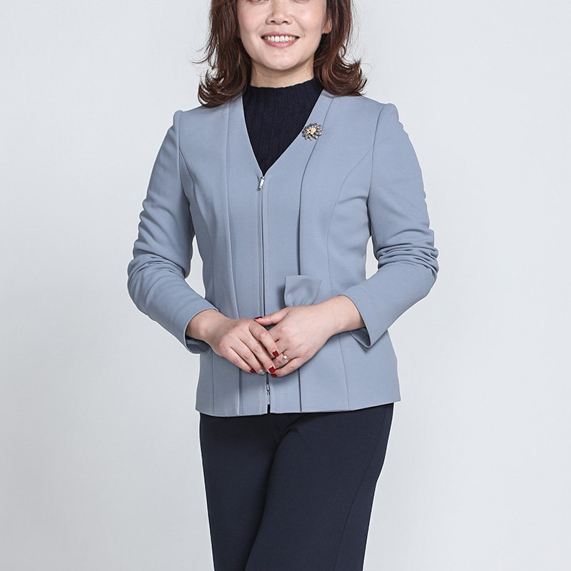[质感V领]靓诺青灰拉链带胡蝶结上衣女短款修身时尚外套NS17391A