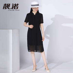 靓诺黑色纯色短袖立领中腰拼接长裙多层雪纺面料连衣裙LL16264A