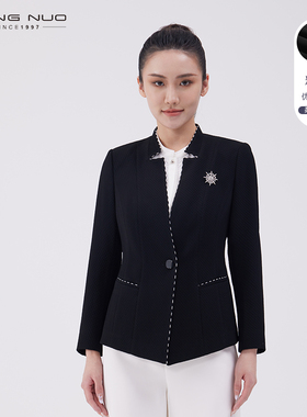 靓诺黑色V领黑白包条上衣女士小西装外套社交庆典优选LS20151A