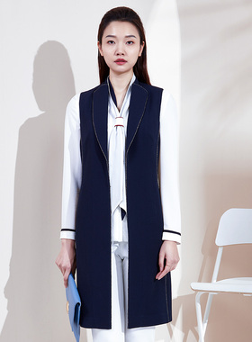 靓诺藏蓝树皮纹马甲女士马夹无袖中长款经典百搭商务休闲LJ19356A