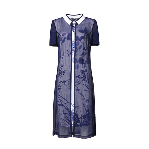 靓诺蓝花真丝连衣裙ll18295a
