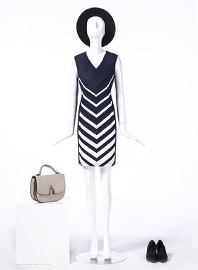 LIANGNUO靓诺藏蓝白条拼素色无袖连衣裙LL15233A