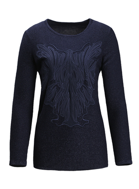 靓诺冬季大码刺绣长袖修身通勤羊毛短款藏蓝贴补绣毛衫LW16421A