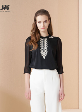 [商场同款]靓诺立领绣花宫廷风T恤女夏季黑色七分袖上衣LT24188A