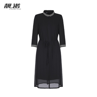 国风新中式 女装 气质贴花立领黑色连衣裙LL23160J 新款 靓诺2024夏季
