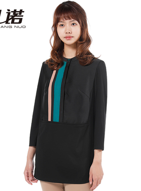 靓诺黑色拼撞色织带长款T恤女士长袖上衣舒适透气遮赘肉LT20303A