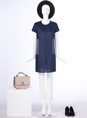 LIANGNUO靓诺蓝色丝麻提花大衬衫LC17233A