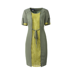 靓诺浅茶绿针织拼浅黄绿丝麻半袖连衣裙LL15234A