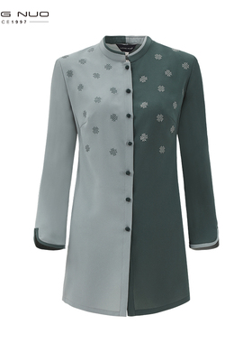 [新中式]LIANGNUO靓诺深浅绿双拼衬衫立领长袖中长款外套LC19119A