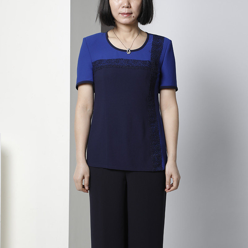 [时尚休闲]靓诺蓝色拼接贴蕾丝T恤女夏季轻薄休闲上衣LT17205A