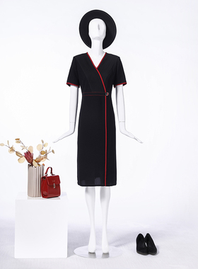 靓诺黑色压褶醋酸连衣裙LL20250A