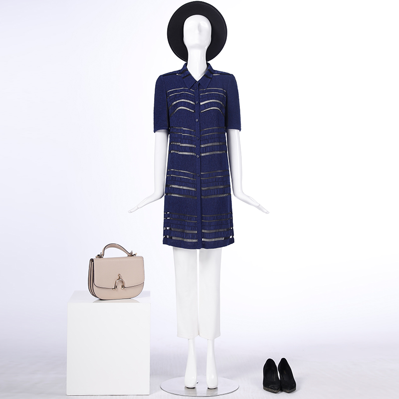 靓诺藏蓝横条机理针织长衬衫