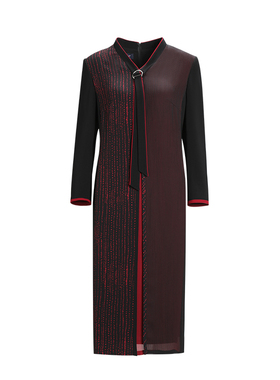 靓诺黑红拼撞色印花飘带连衣裙LL20348A