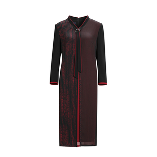 靓诺黑红拼撞色印花飘带连衣裙LL20348A