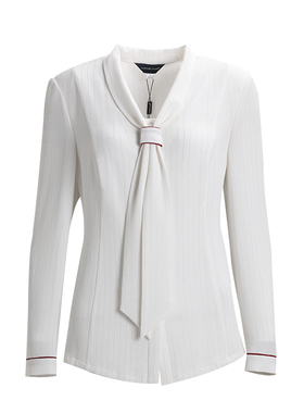 靓诺白色飘带T恤时尚气质修身通勤长袖衬衫LC19398A