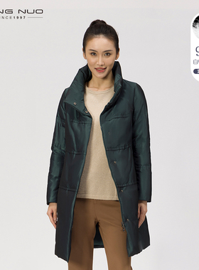 靓诺冬季高端羽绒服女中长款绿色亮面修身立领大码外套LY17490A