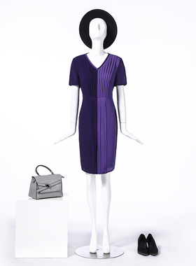 靓诺紫色压褶V领半袖连衣裙2023新款女装夏季雪纺连衣裙LL15277A