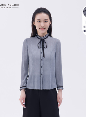 靓诺百搭洋气拼接木耳领千鸟格系带衬衫女春秋款修身衬衣LC22119A