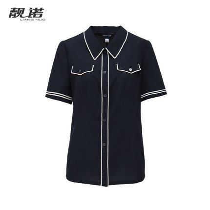 靓诺通勤修身衬衫女短袖大翻领上衣夏季新款小众别致衬衣LC22210A
