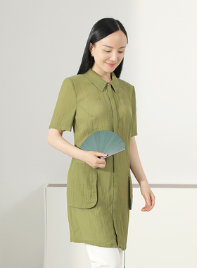 靓诺上衣女夏装新款休闲短袖V领衬衣绿色翻领廓形大衬衫LC17237A